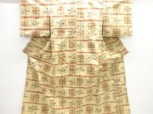 横段に草葉模様織出し手織り紬単衣着物